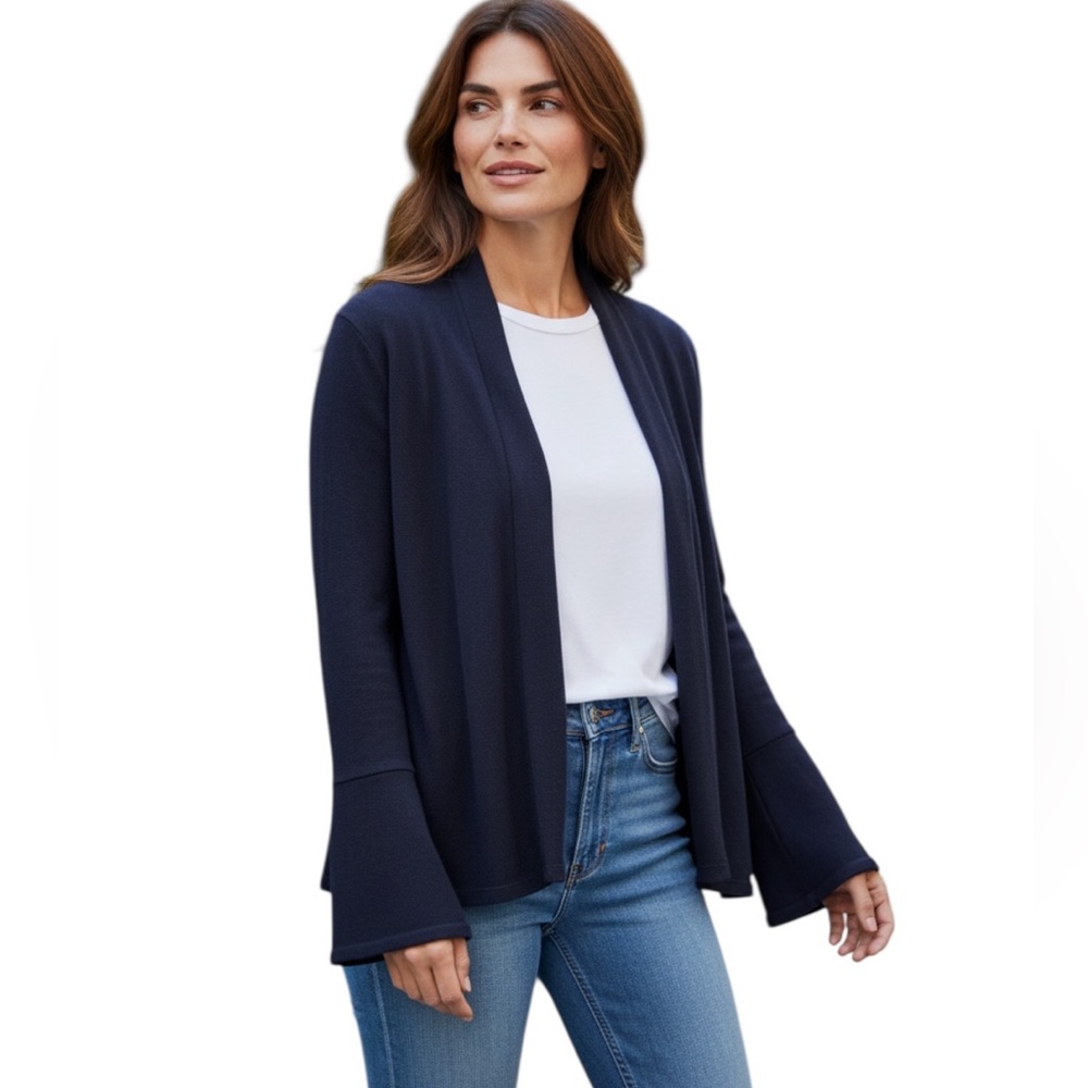 Autumn Cashmere Dark Navy Blue Open Front Cardigan Bell Sleeve Sweater Size S